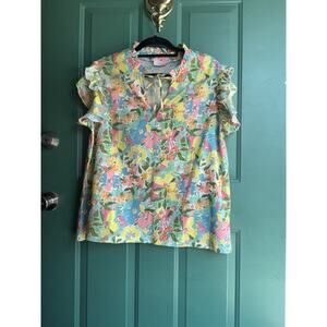 Smith & Quinn Floral Ruffle Sleeve Blouse in Pastel Pink, Blue, Yellow